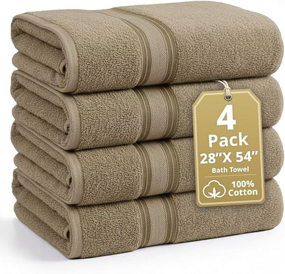 LANE LINEN Bathroom Towel Set 4 Piece Soft Absorbent Quick Dry - Taupe | Cotton Towel Set - Coordinated Colors, Dobby Border Accent, OEKO-TEX Certified, Zero-Twist Durability, Zero-Twist Cotton