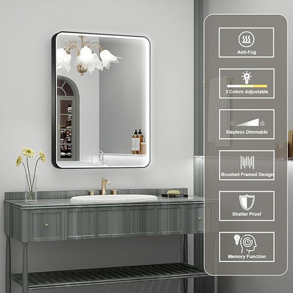 LED Mirror for Bathroom 24X32 Inch Black Framed with Anti-Fog, Stepless Dimmable, Front Lit, LED Bathroom Vanity Mirror for Wall, Memory Function, Shatter-Proof