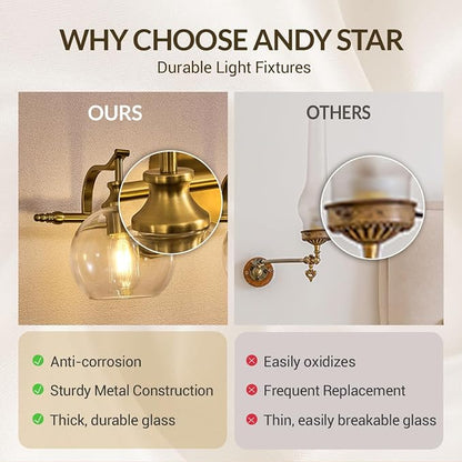 Gold Bathroom Light Fixtures, 2-Light Brass Vanity Light, Modern Sconces with Globe Clear Lampshade, Farmhouse Bathroom Lighting Fixtures Over Mirror with Metal Lamp Body, E26 Base