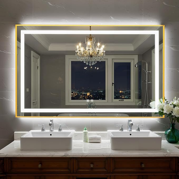 55X36 Inch LED Bathroom Mirror with Lights, Gold Frame Frontlit+ Backlit Bathroom Vanity Mirror for Wall, Ultra-Clear Tempered Glass, Shatter-Proof, Anti-Fog and Memory Function, ETL Listed | Bathroom Vanity Mirror for Wall, Ultra-Clear Tempered Glass,...
