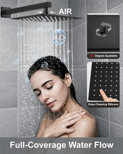 Aolemi Shower System with Tub Spout and Valve Matte Black | 10-Inch Square Wall Mounted Rainfall Shower Head and Handheld,3-Function Bathtub Shower Faucet Set