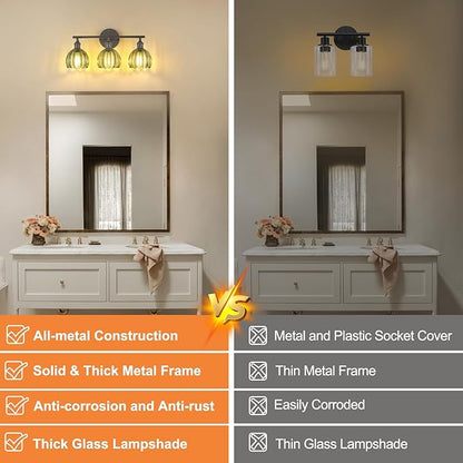 Bathroom Light Fixtures, 3-Light Black Vanity wall Light Over Mirror with Green Tulip Glass Shade for Bedroom Living Room (Bulb Not Included)