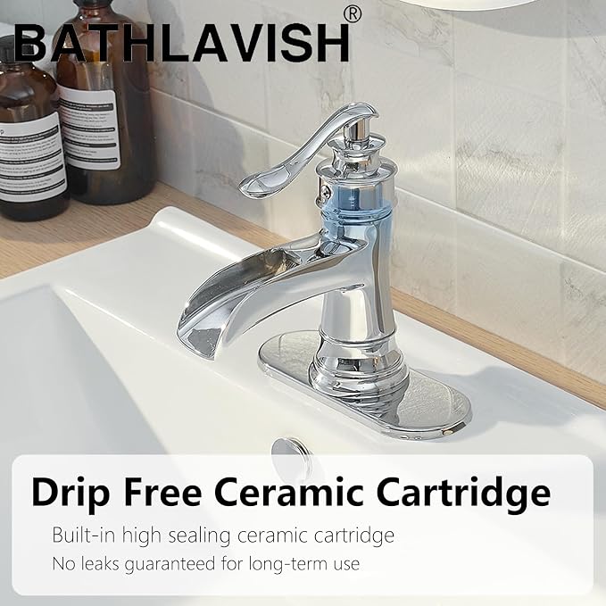 Bathroom Sink Faucet Waterfall Chrome Single Handle Single Hole | 1 Hole or 3 Hole,Pop-up Drain,Deck Panel,Supply Line,Easy to Clean,Simple Installation,Rust Resistant for Long-Lasting Use