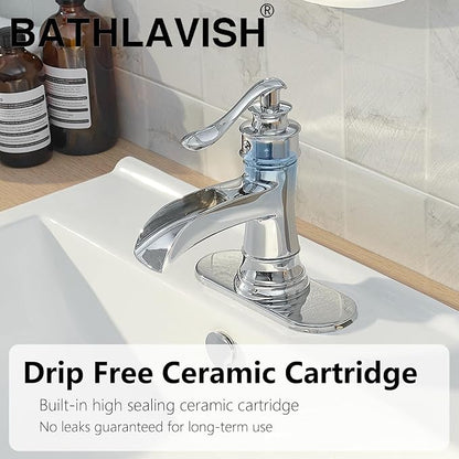 Bathroom Sink Faucet Waterfall Chrome Single Handle Single Hole | 1 Hole or 3 Hole,Pop-up Drain,Deck Panel,Supply Line,Easy to Clean,Simple Installation,Rust Resistant for Long-Lasting Use