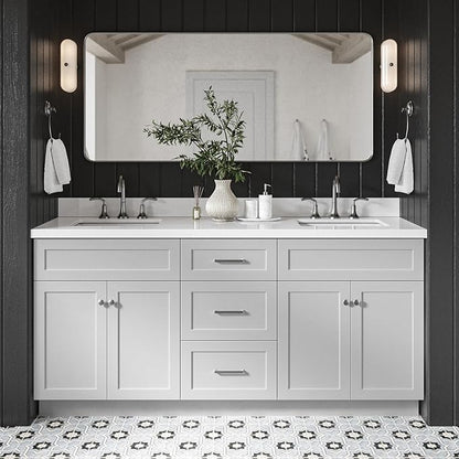 DKB Bradford 72 Inch Bathroom Vanity Double Sink — Grey Bathroom Vanity with Sink, 1.5" Edge Pure White Quartz Countertop & Backsplash, 4 Soft-Close Doors, and 3 Dovetail Drawers