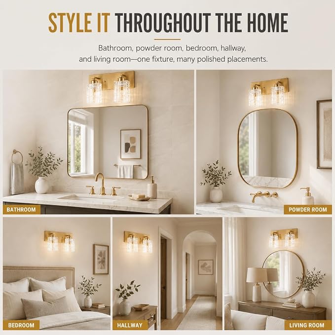 Brushed Gold Crystal Bathroom Vanity Light,2 Lights Modern Bathroom Wall Light,Over Mirror Light Fixtures for Living Room, Bedroom, Hallway