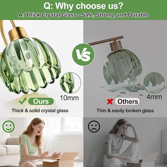 2-Pack Brushed Gold Bathroom Vanity Light, Single-Head Wall Sconce with Ribbed Green Tulip Glass Shade, Vintage Bathroom Light Fixtures for Bedroom, Hallway & Bedside (Bulbs Not Included)