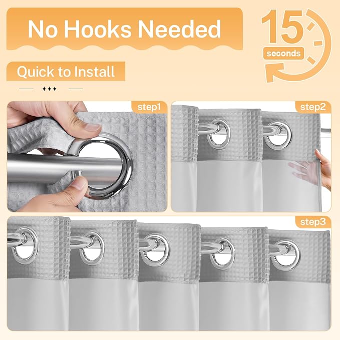 River Dream Cotton Blend Fabric Shower Curtain Set with Liner, Gray, 71x86 | Waffle Weave, No Hook Needed, with Snap in Replacement Liner, Top Sheer Window, Hotel Quality for Bathroom, Extra Long
