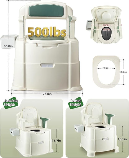 Bedside Commode, 500lbs Heavy Duty & Upgraded Commode Toilet Potty Chair, Portable Camping Toilet, Detachable Armrests, Automatic LED Light, 2-Level Height, 3 Rolls of Commode Liners 【Green】