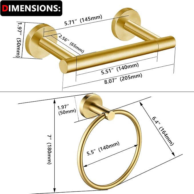 Brushed Gold Flip Toilet Paper Holder, Towel Ring Set 2 Pieces Hand Towel Holder for Bathroom Hardware Accessories Set SUS304 Stainless Steel Sturdy Wall Mount Bathroom Holder