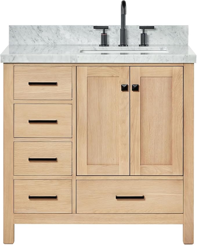 ARIEL Cambridge 36-inch Bathroom Vanity with Sink,Solid Wood, 1.5-inch Italian Carrara Marble Countertop, Single Rectangular Porcelain Sink, 2 Soft Closing Doors, 5 Dovetail Drawers, White Oak