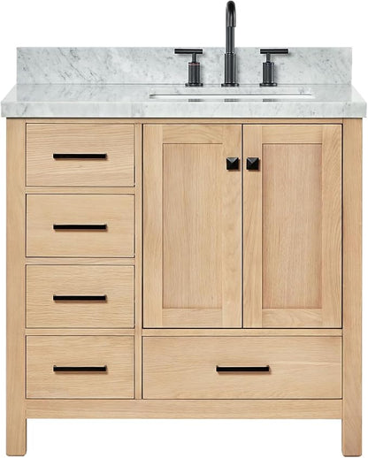 ARIEL Cambridge 36-inch Bathroom Vanity with Sink,Solid Wood, 1.5-inch Italian Carrara Marble Countertop, Single Rectangular Porcelain Sink, 2 Soft Closing Doors, 5 Dovetail Drawers, White Oak
