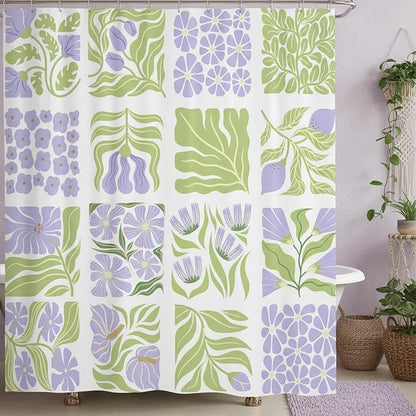 JAWO Cute Boho Floral Shower Curtain, Purple Green Abstract Floral Retro Aesthetic Shower Curtain for Bathroom, Funky Unique Waterproof Fabric Polyester Bath Curtains Decor with Hooks,36WX72H