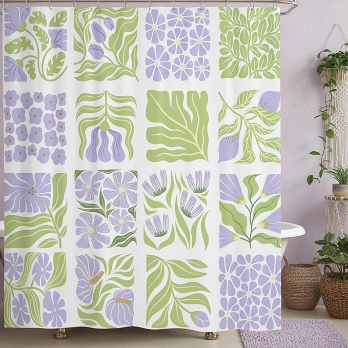 JAWO Cute Boho Floral Shower Curtain, Purple Green Abstract Floral Retro Aesthetic Shower Curtain for Bathroom, Funky Unique Waterproof Fabric Polyester Bath Curtains Decor with Hooks,48Wx70H