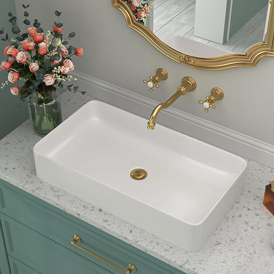 Rectangular Bathroom Vessel Sink 24 Inch - 24"x14" White Ceramic Porcelain Above Counter Modern Art Sink