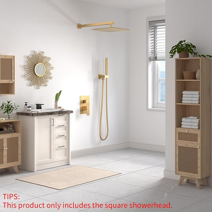 16 In Rain Shower Head High Pressure Rainfall Shower Head Brushed Gold | Square Rain Bathroom Showerhead, High Flow, Large Stainless Steel, Ceiling Mounted, Wall Mounted, Waterfall Full Body