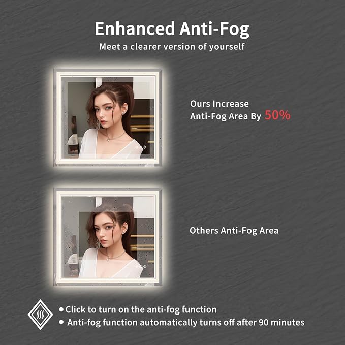 Bathroom Mirrors for Wall, 40x36 Inch Gradient Front and Backlight Lighted Mirror, 3 Colors Dimmable CRI>90 Double Lights, IP54 Enhanced Anti-Fog, Hanging Plates Wall Mount Smart Mirror