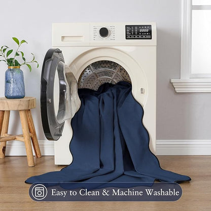 Linen Scallop Shower Curtain with 12 Hooks, Waterproof, 72x72, Navy Blue | Waterproof Heavy Duty Thick Fabric with Black Border, Minimalist Neutral Boho Farmhouse Bathroom Décor
