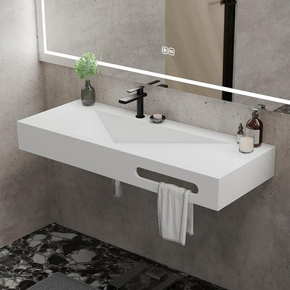 QJ&XY Resin Bathroom Sink 48" Wall Mounted V-Shaped White Basin with Towel Rack, Floating Vanity Sink in Soft-Touch Finish (Single Tier)