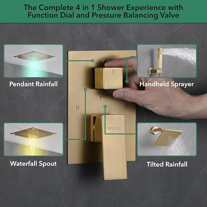 VANFOXLE Shower Faucet Set Brushed Rose Gold Four Modes Shower System,Shower Faucet with 2 in 1 Handheld,Ceiling Mount 16 Inch LED Shower Head(Rain and Waterfall)+6 Inch Shower Head