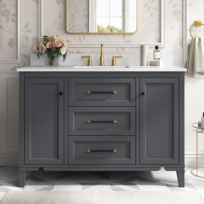 48 Inch Bathroom Vanity with Sink, Fully Assembled, Deep Grey | Solid wood vanity with engineered stone countertop and backsplash, Soft-close doors, 3 dovetail drawers, Ceramic Sink