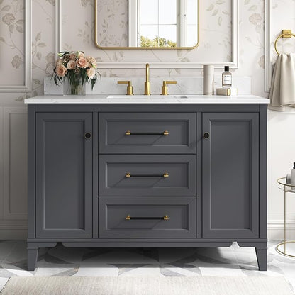 48 Inch Bathroom Vanity with Sink, Fully Assembled, Deep Grey | Solid wood vanity with engineered stone countertop and backsplash, Soft-close doors, 3 dovetail drawers, Ceramic Sink