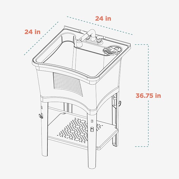 Zenna Home Utility Sink Laundry Tub with Pull-Out Faucet, All-in-One Freestanding Utility Tub for Laundry Room, Basement, Garage, Outdoor Kitchen, 24" L x 24" W x 36.75" H, White