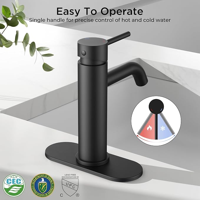 FORIOUS Bathroom Faucet 1 Hole, Black Single Handle Vainty Sink Faucets | for 1 or 3 Hole 4 Inch Centerset Sink, with Pop-up Drain, NSF61 Certificate, for Rv Commercial Lavatory Restroom Basin