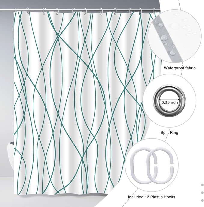 Striped Shower Curtain for Bathroom, Seaweed Green, 72" W x 72" L | with Hooks, Modern Hotel Style, Water Repellent, Washable, Weighted Hem
