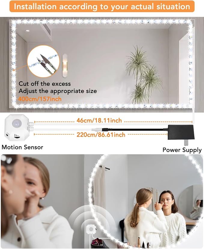 Daymeet Motion Sensor Led Vanity Mirror Lights, 13ft Motion Activated Led Lights for Mirror, Adjustable Color & Brightness Flexible Strip Lights for Mirror, for Makeup Vanity Table & Bathroom Mirror