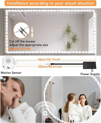 Daymeet Motion Sensor Led Vanity Mirror Lights, 13ft Motion Activated Led Lights for Mirror, Adjustable Color & Brightness Flexible Strip Lights for Mirror, for Makeup Vanity Table & Bathroom Mirror