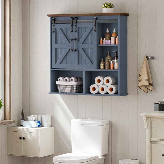 Vabches Bathroom Wall Cabinet, Farmhouse Medicine Cabinet, Navy Blue | Wooden Vintage Storage Cabinet Wall Mounted with Double Sliding Barn Door and Adjustable Shelf for Bathroom, Kitchen