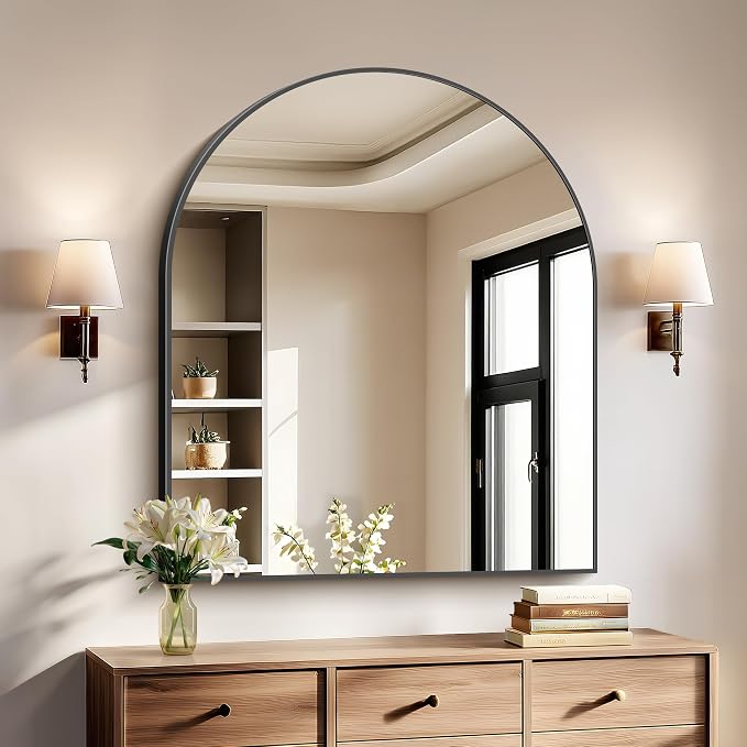 COFENY Black Arch Mirror, 30’’x36’’ Black Mirror for Bathroom, Wide Arched Bathroom Mirror with Metal Frame, Wall Mounted Mirror for Bedroom Living Room Entryway Modern