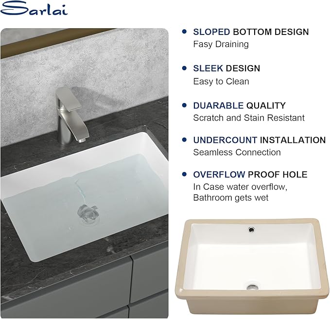 Sarlai Undermount Bathroom Sink - 22"x16" Vanity Sink Pure White Rectangular Undermount Vessel Sink Porcelain Ceramic Lavatory Vanity Bathroom Sink