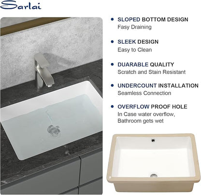 Sarlai Undermount Bathroom Sink - 22"x16" Vanity Sink Pure White Rectangular Undermount Vessel Sink Porcelain Ceramic Lavatory Vanity Bathroom Sink