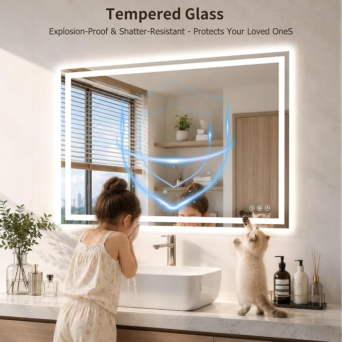 28"x48" LED Bathroom Mirror with Lights, Anti-Fog, Backlit+Frontlit | CRI 95, Stepless Dimmable, 3 Colors Lighting, Shatterproof Tempered Glass, HD Reflection, Memory, (Horizontal/Vertical)