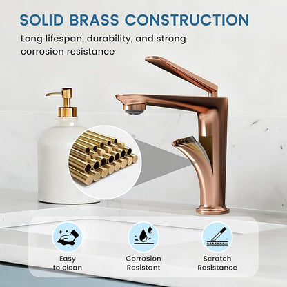 Bathroom Faucet Rose Gold, One Hole Single Handle Vessel Sink Faucet, Brass Bathroom Faucet for Vanity Sink Restroom Guestroom RVs