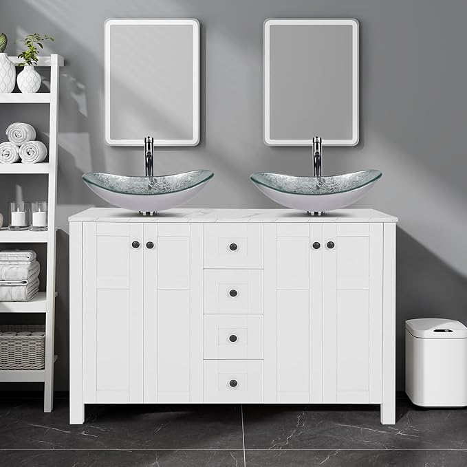 48" White Bathroom Vanity with Marble Texture Top and 4 Drawers, Modern Standing Pedestal Cabinet with Two Boat Silver Glass Vessel Sinks