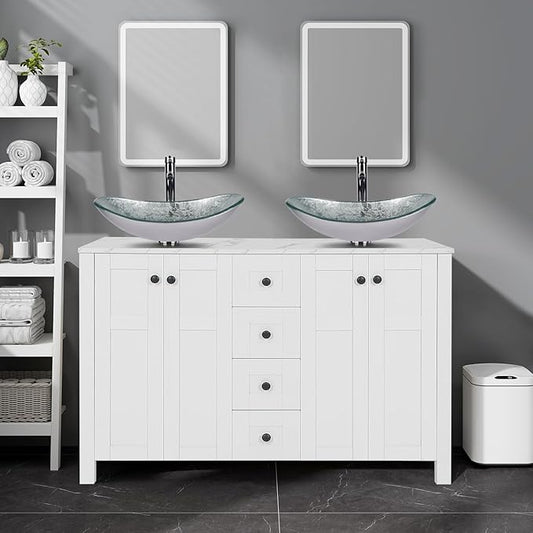 48" White Bathroom Vanity with Marble Texture Top and 4 Drawers, Modern Standing Pedestal Cabinet with Two Boat Silver Glass Vessel Sinks