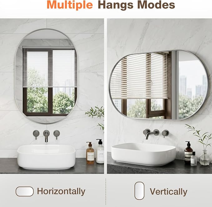 16"x24" Brushed Nickel Oval Bathroom Mirror for Over Sink, Vanity Mirror | Aluminum Alloy Frame, Clear Reflection, Rust-Resistant, Vertical or Horizontal, Wall Mount, Bedroom and Entryway