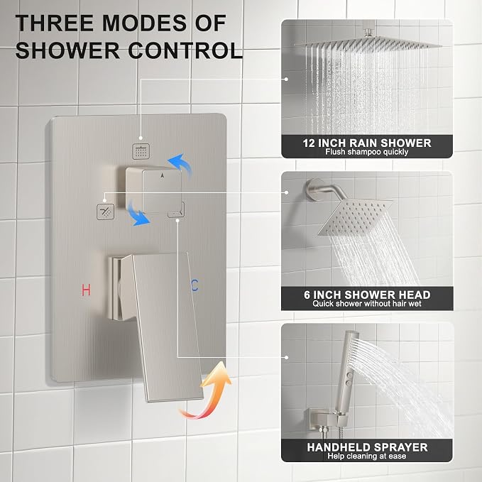 Rain Shower System 12" & 6" Dual Shower Heads Ceiling Shower Faucet Set | Ideal for bathroom remodels and upgrades with 12" rain shower, 6" angled shower, handheld spray and complete valve kit.