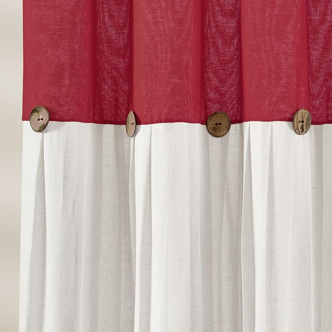 Lush Decor Linen Button Shower Curtain, 72" W x 72" L, Red & Off White - Red Bathroom Curtain - Fabric Shower Curtains - Farmhouse Bathroom Decor