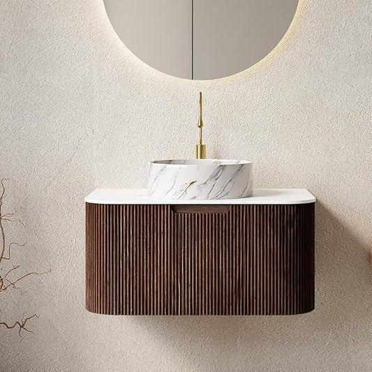 30'' Bathroom Vanities Cabinet with Sink Combo, Wall Mounted Floating Cabinet W/Curved Edges Stripes, Oak Plywood, Soft-close System with a Drawer, White Round Ceramic Basin - Kiel, Dark Walnut/S
