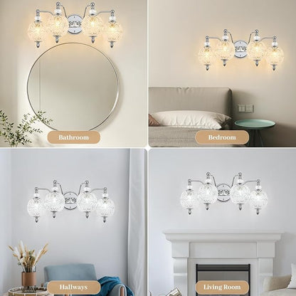 Brushed Chrome Bathroom Vanity Light, 4-Light Mid Century Modern Brushed Chrome Finish Wall Sconce with Globe Glass Shades, Retro Mirror Light for Bathroom, Powder Room