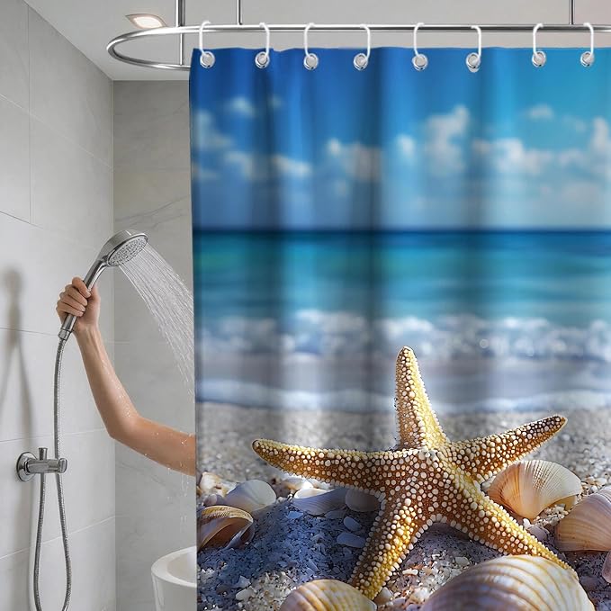Modern Beach Ocean Shower Curtain Seashell Summer Tropical Aesthetic Nature | Scenic Shower Curtains for Bathroom, Waterproof Bath Curtain with Hooks Machine Washable Bathtub Curtains 72x84 Inch Blue