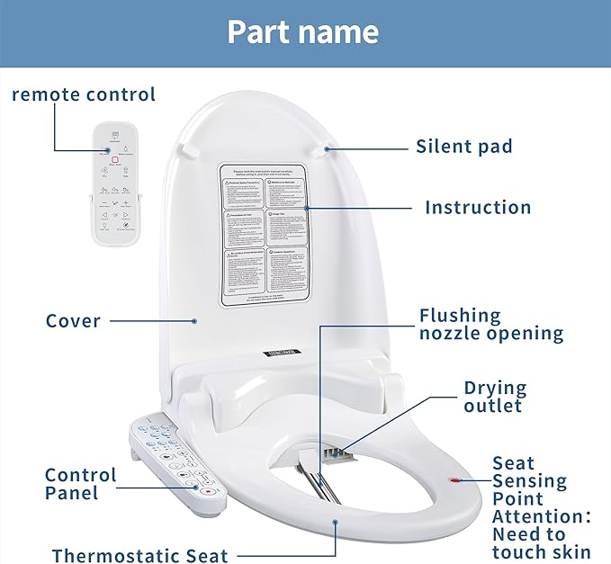 KERDE 08 Smart Electric Bidet Toilet Seat with Warm Air Dryer Heated Adjustable Warm Water Seat Temperature Self-Cleaning Nozzle Easy Installation for Most Toilets Elongated (Remote+Armrest)