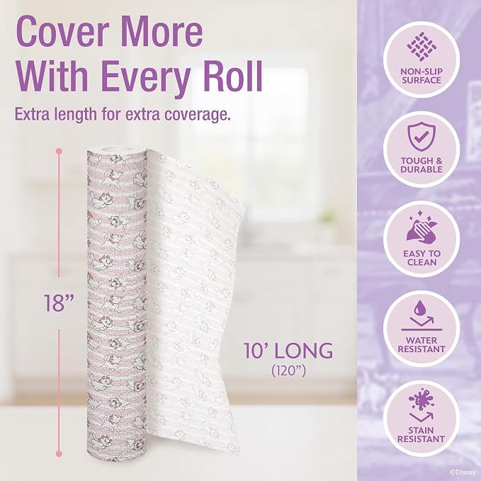 Disney Aristocats Non-Adhesive Shelf Liner, 18" x10', Non-Slip | Water and stain resistant, repositions without damage, cuts to fit, wipes clean, ideal for kitchen, pantry, fridge, or bath