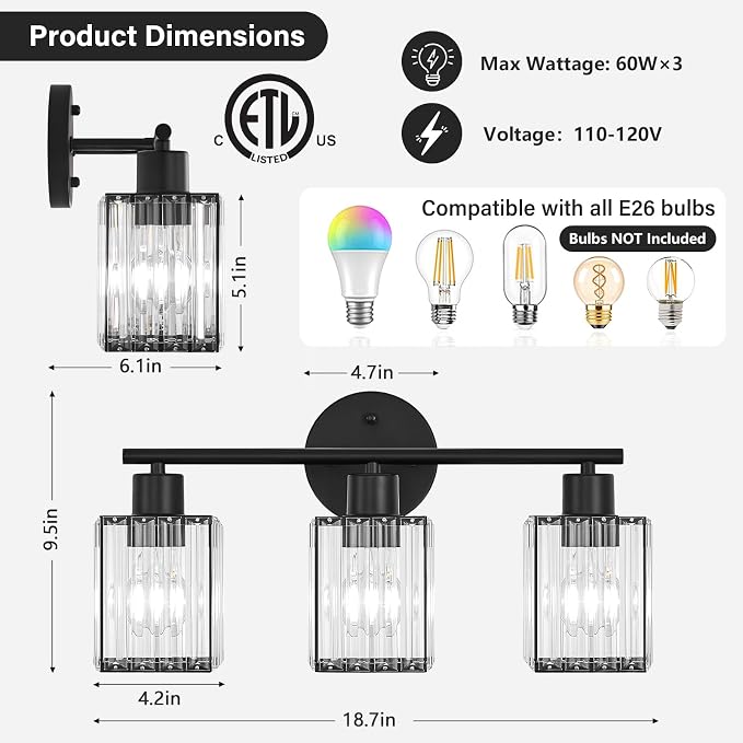3 Light Bathroom Light Fixtures, Modern Crystal Vanity Lights over Mirror | Metal Frame, Bathroom Light with Square Crystal Shade, ETL Certified, E26 Ceramic Socket, Bulbs Not Included