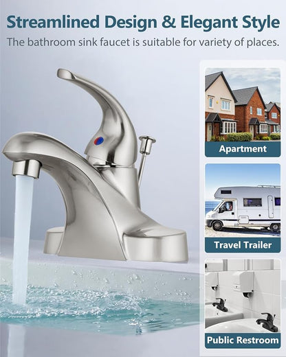 4-Inch Centerset Bathroom Sink Faucet with Drain, Brushed Nickel | Single-Handle Vanity Faucet with Lift Rod Drain, 24-Inch Supply Lines, 1.2 GPM, 3-Hole Deck Mount, Easy Installation