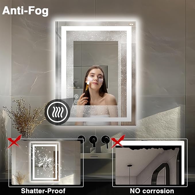 EchosLife 24"x32" LED Bathroom Mirrors for Wall | Backlit + Front Lit, Anti-Fog, Stepless Dimmable, 3 Colors, Memory, Tempered Glass, UL Listed, Horizontal/Vertical